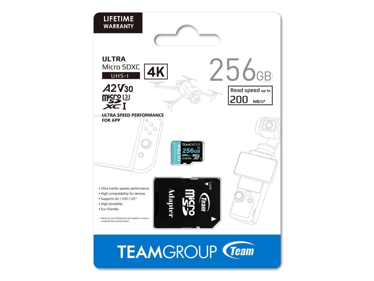 Team 256GB Ultra-Fast microSDXC UHS-I/U3 Memory Card with Adapter, compatible with Nintendo-Switch, Steam Deck, and ROG Ally, Speed Up to 200MB/s (TULMSDX256GIA2V3022503)