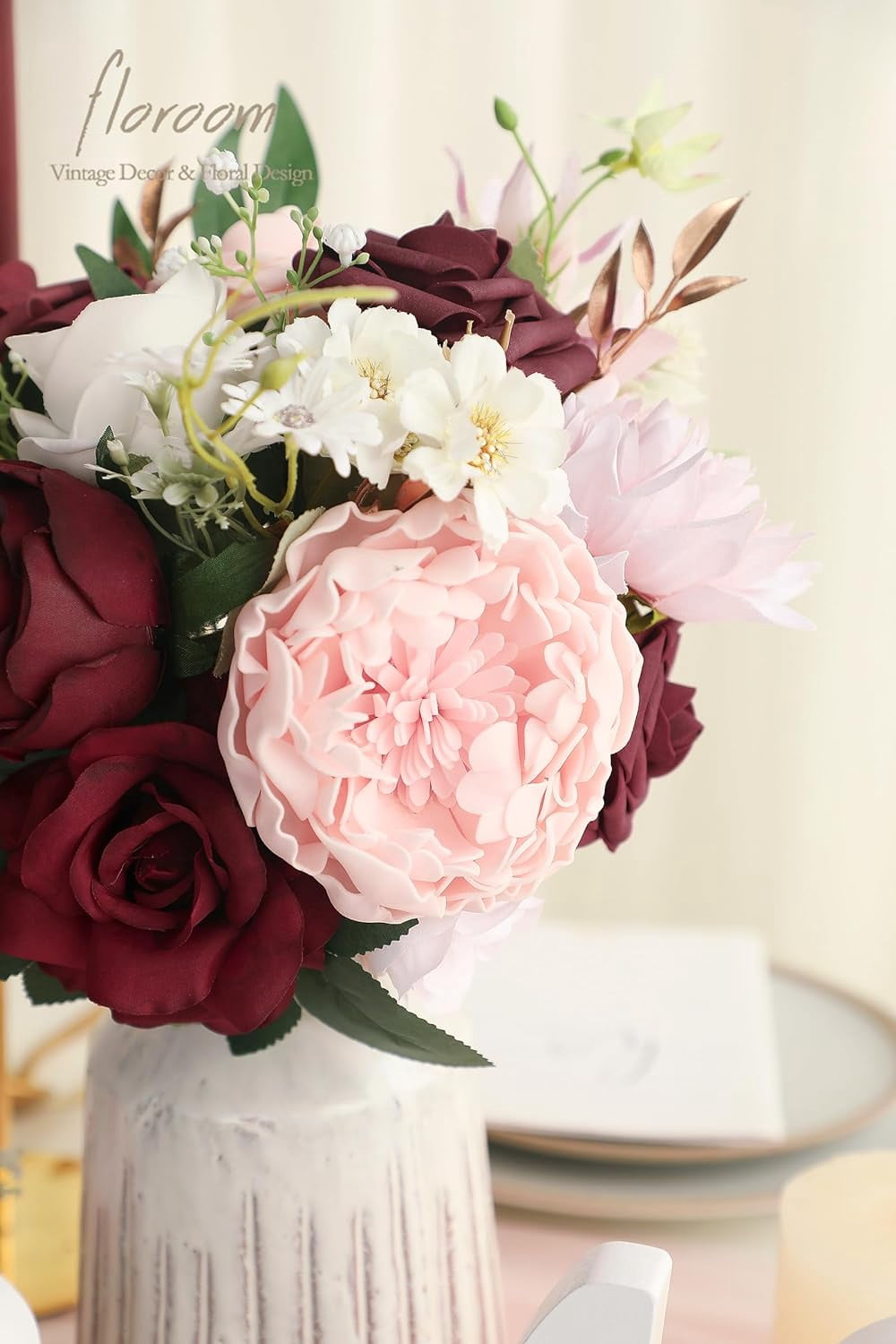 Dusty Rose Cream Artificial Flowers Fake Roses Peonies and Greenery Combo Box Set for DIY Wedding Bouquets Bridal Shower Centerpieces Floral Arrangements Party Tables Home Decorations
