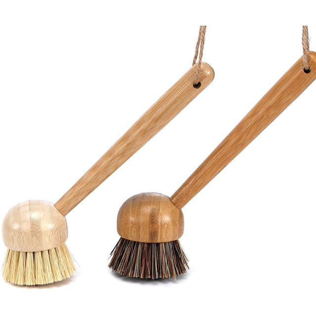 FOLI Bamboo Handle Dish Scrub Brushes - Wooden Cleaning Scrubbers with Stiff Bristles for Washing Kitchen Cast Iron Pan Pot (2PCS with Sisal & Palm Bristles, Long Handle)