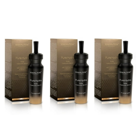 Simon & Tom Pure Hydra Swiss Hyaluronic Acid Serum for Face, Eyes, Neck and Decolletage with Vitamin C + Argan Stem Cells 30ml/1.01 fl oz (Pack of 3)