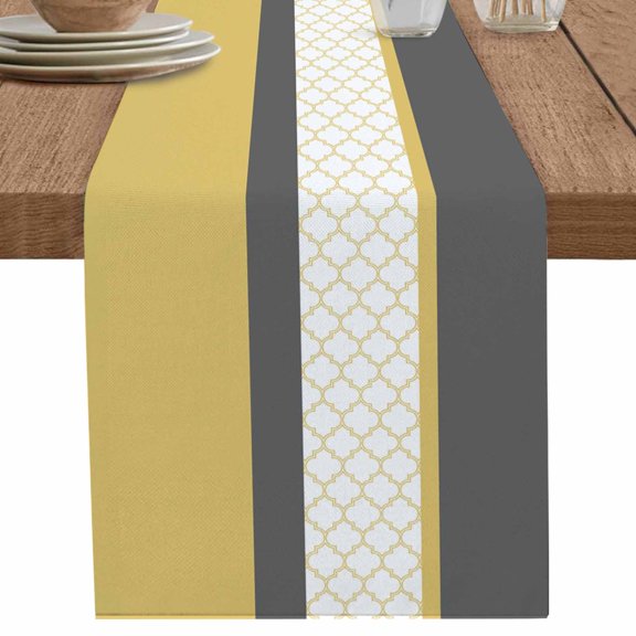 nqOlkjepod Yellow Morocco Table Runner 60 Inches Long Farmhouse Dress Scarves, Geometric Grey Stripes Modern Dining Tablerunner for Coffee Table/Kitchen Island/Party Décor, 13" x 60"
