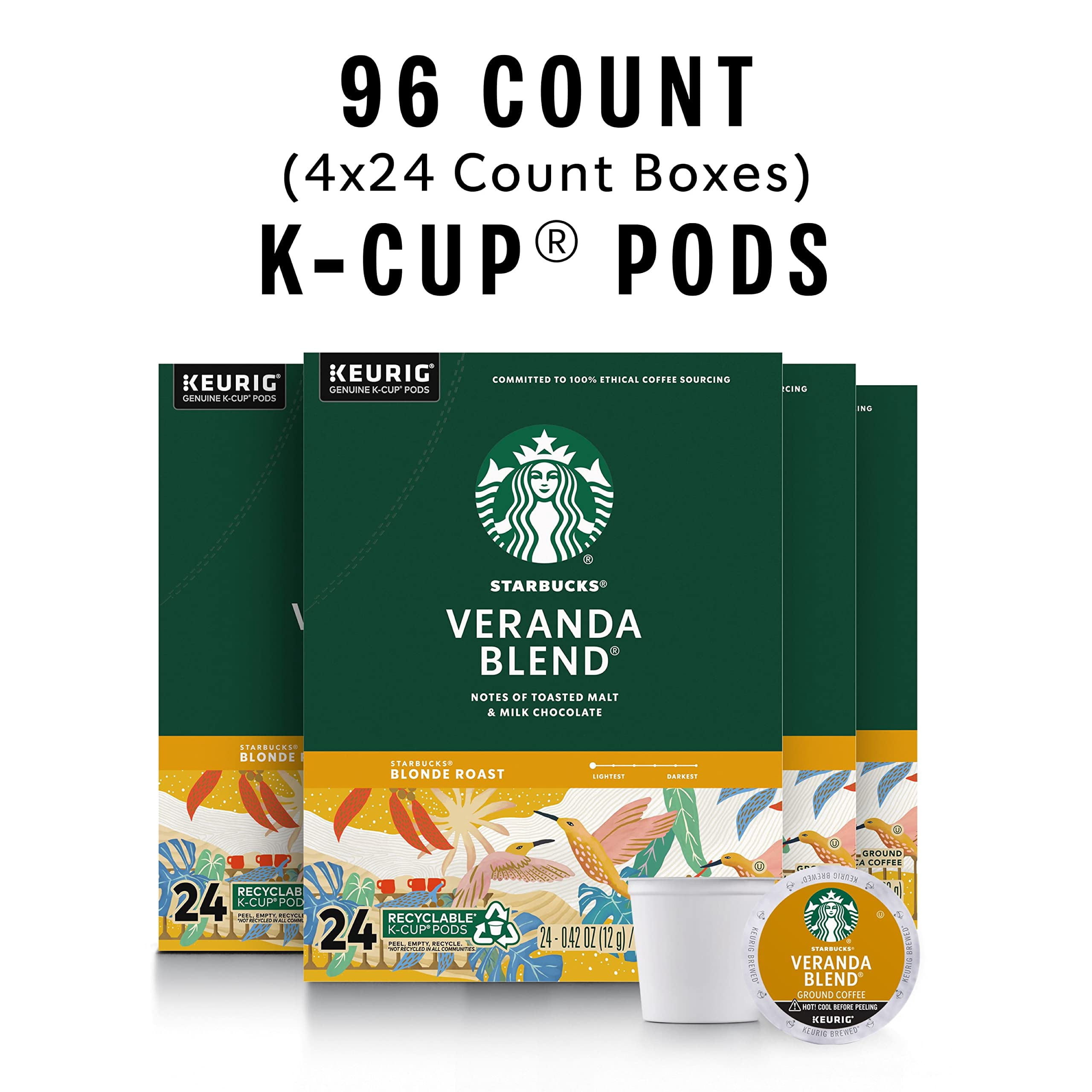 Starbucks K-Cup Coffee Pods, Starbucks Blonde Roast Coffee, Veranda Blend For Keurig Brewers, 100% Arabica, 4 Boxes (96 Pods Total) Packaging May Vary