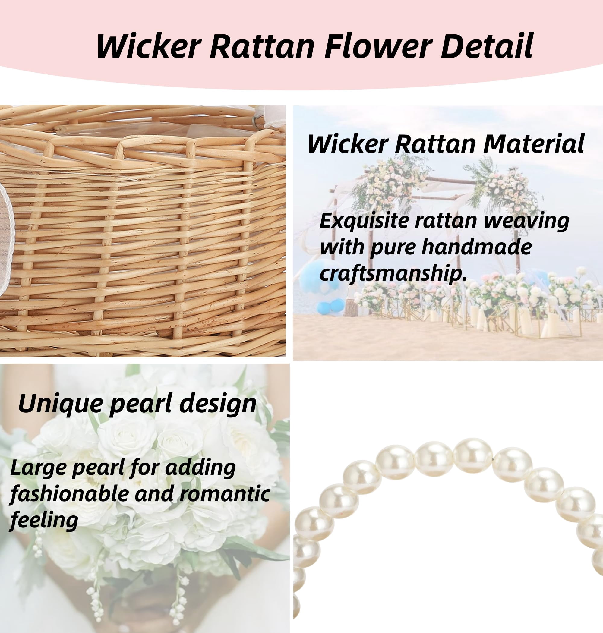 2Pcs Flower Girl Basket, Wedding Flower Girl Basket with Pearl Handle and Bows Fairy Flower Basket Rattan Basket for Weddings Bridal Anniversary Party Decor
