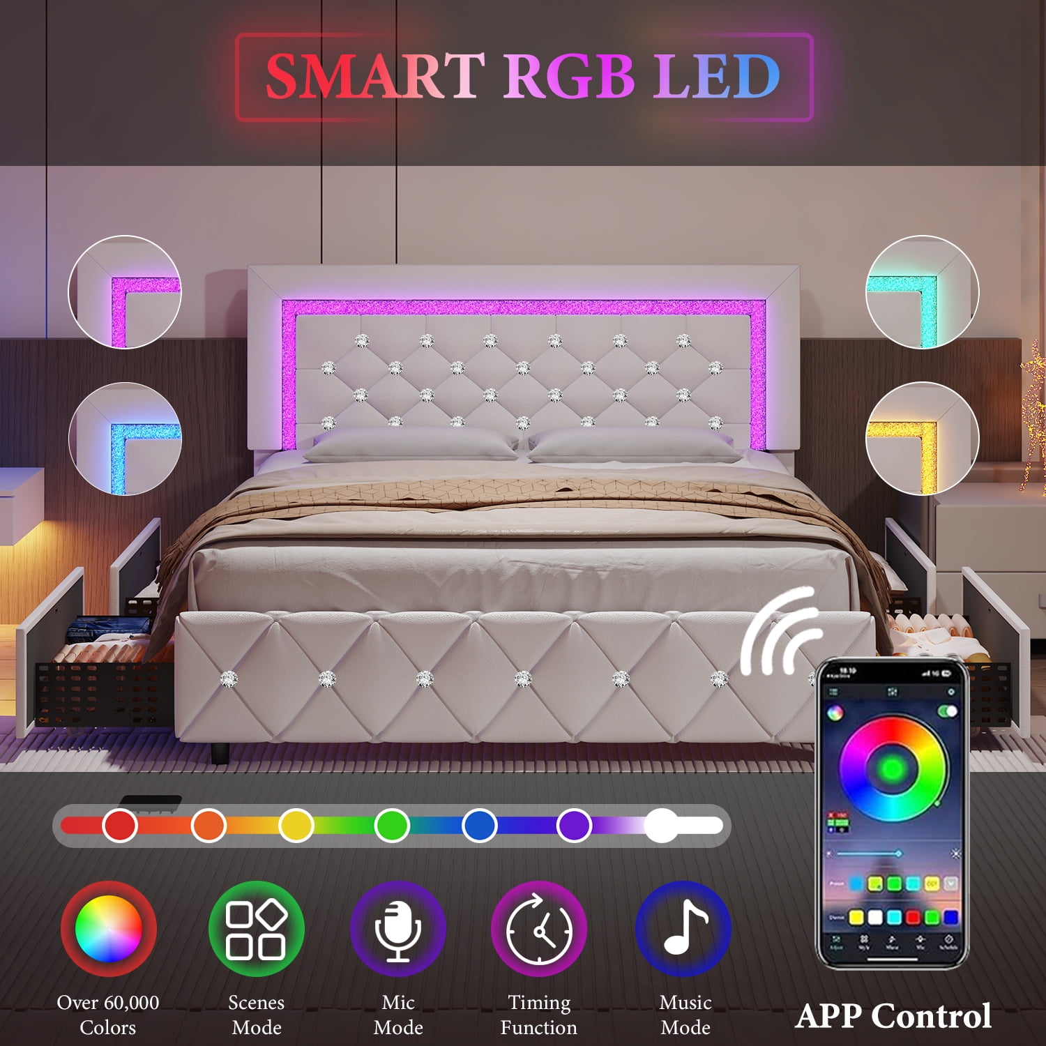 4 Ever Winner Twin Size Upholstered Bed Frame with LED Light, 2 Drawers, Diamond Tufted Headboard, White