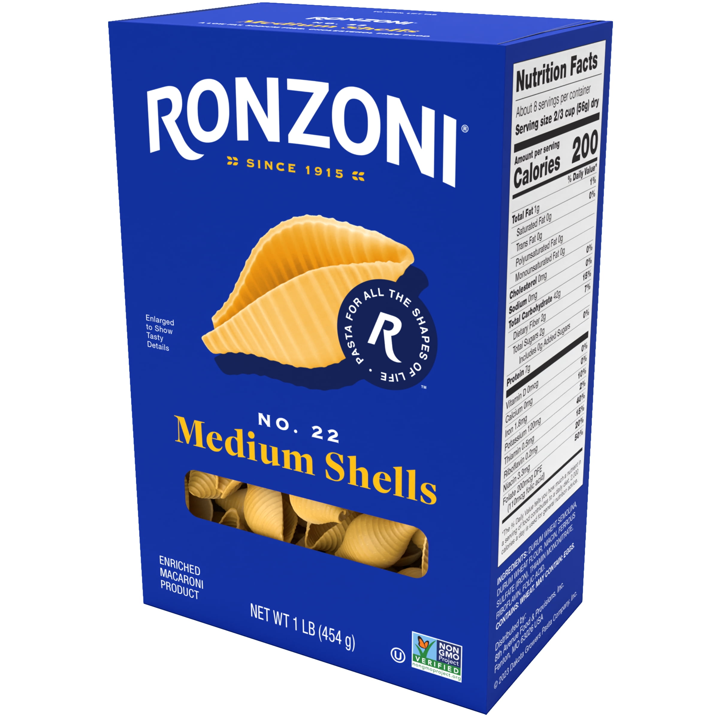 (2 pack) Ronzoni Medium Shells, 16 oz, Non GMO, Mid-Size for Thick Sauces and Salads, (Shelf Stable) Box