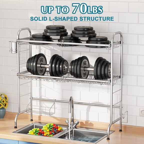 Stainless Steel 2-Tier Over The Sink Dish Drying Rack with Utensil Holder, Large, for Kitchen Counter