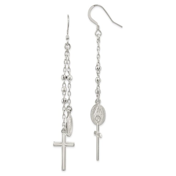 Sterling Silver Polished Miraculous Medal and Cross Hook Earrings - Measures 79.8mm long