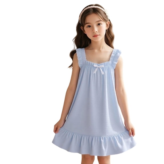 WEIWEN Girls Nightgowns Pajama Dress Cute Square Neck Ruffle Sleepwear Soft Night Gowns Summer A-Line Flowy Dresses Blue, 9-10 Years