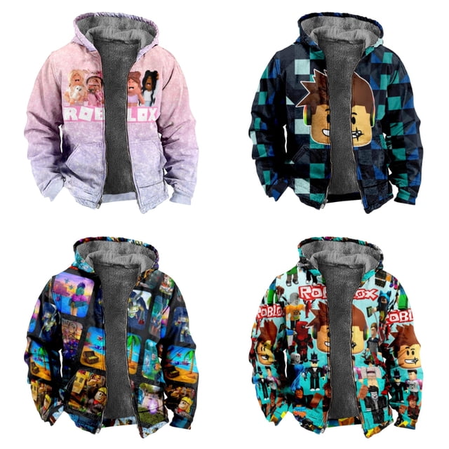 Roblox-Sudadera con capucha gruesa y cálida para niños, chaqueta de manga larga con cremallera, ropa de dibujos animados para el hogar al aire libre, regalos de cumpleaños, Invierno