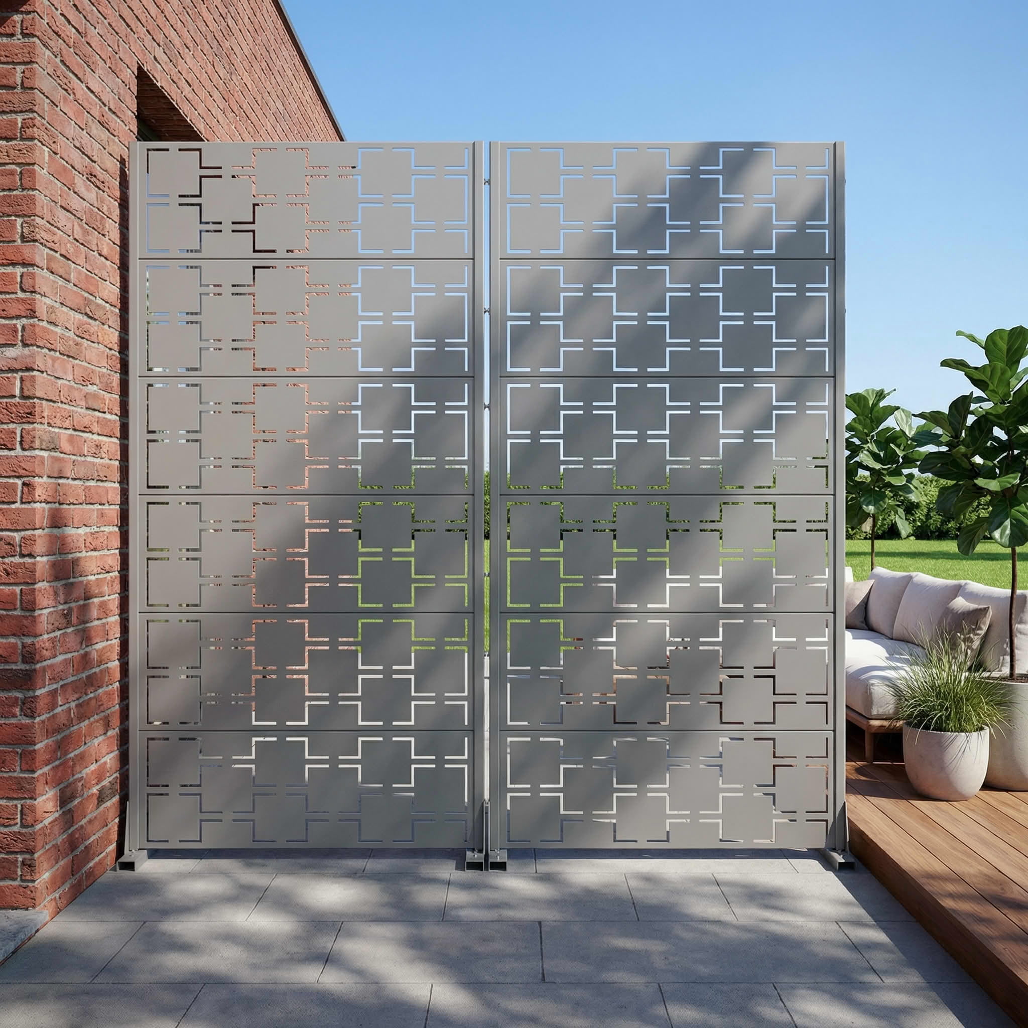 MAYEERTY 2-Piece Outdoor Metal Privacy Screen 6ft × 3ft Gray, 6-Panel Square Geometric Pattern Decorative Screen for Patio