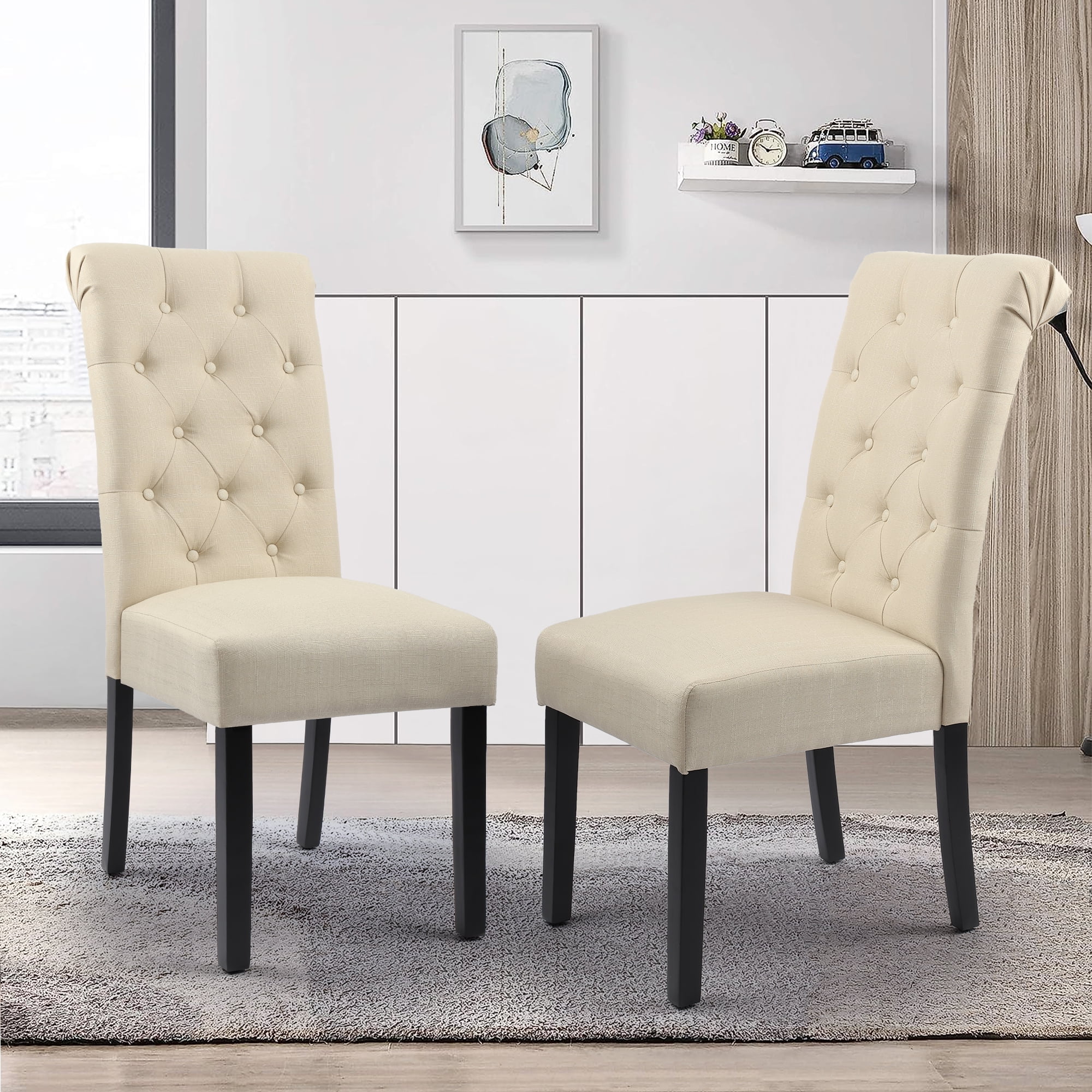 High Back Button Tufting Fabric Upholstered Dining Chairs, Beige, Set