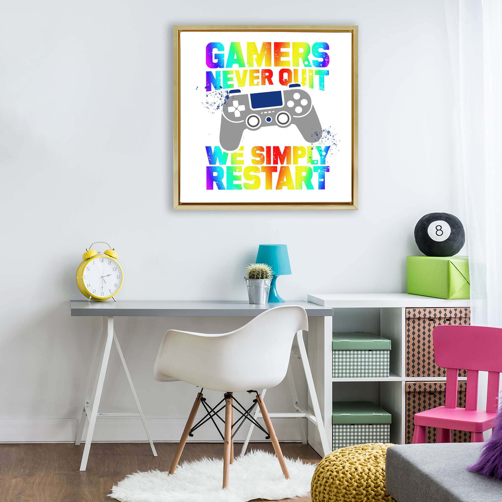 Rainbow Gamers Never Quit Gold Framed Floater Canvas Wall Art, design by Kim Allen