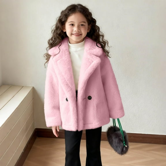 BRGZLK Girls Faux Fur Coat Fluffy Long Sleeve Turn Down Collar Button Jacket Winter Trendy Thickened Outwear with Pockets for Kids Pink 13-14 Years