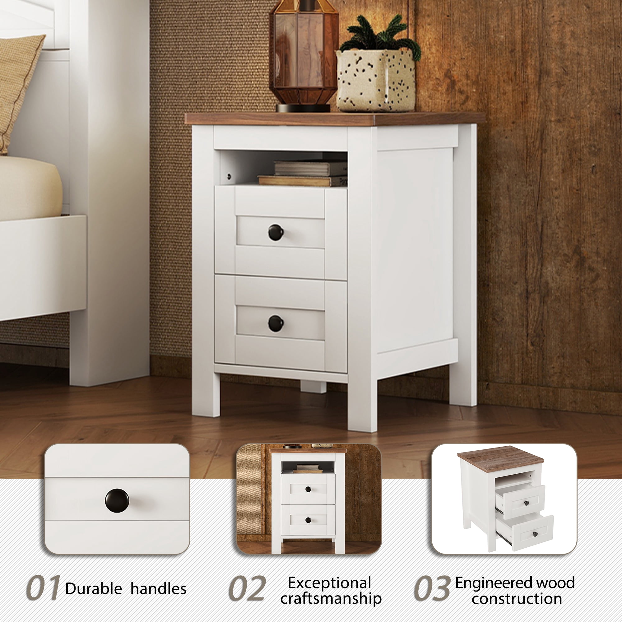 Mintazer Farmhouse 3-Piece Bedroom Set with Nightstand & 6-Drawer Dresser, Queen Platform Bed with Storage Headboard, White