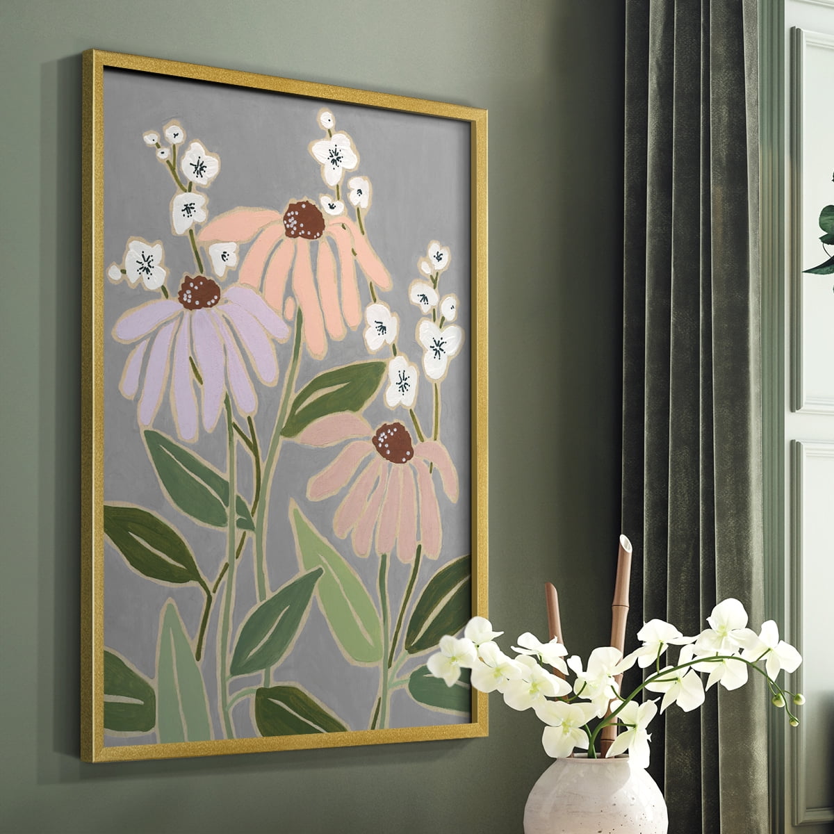 Woodblock Floral I Framed Print - Solid Wood in Single Picture Frame Solid Wood 2 Framed Print