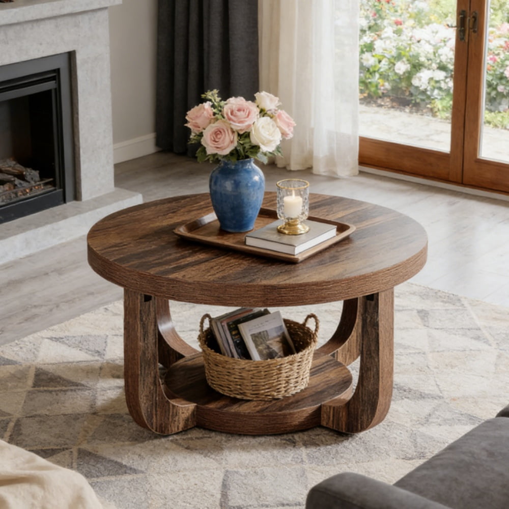 Coffee Table Round Rustic Brown 2 Tier Storage Modern Living Room Furniture