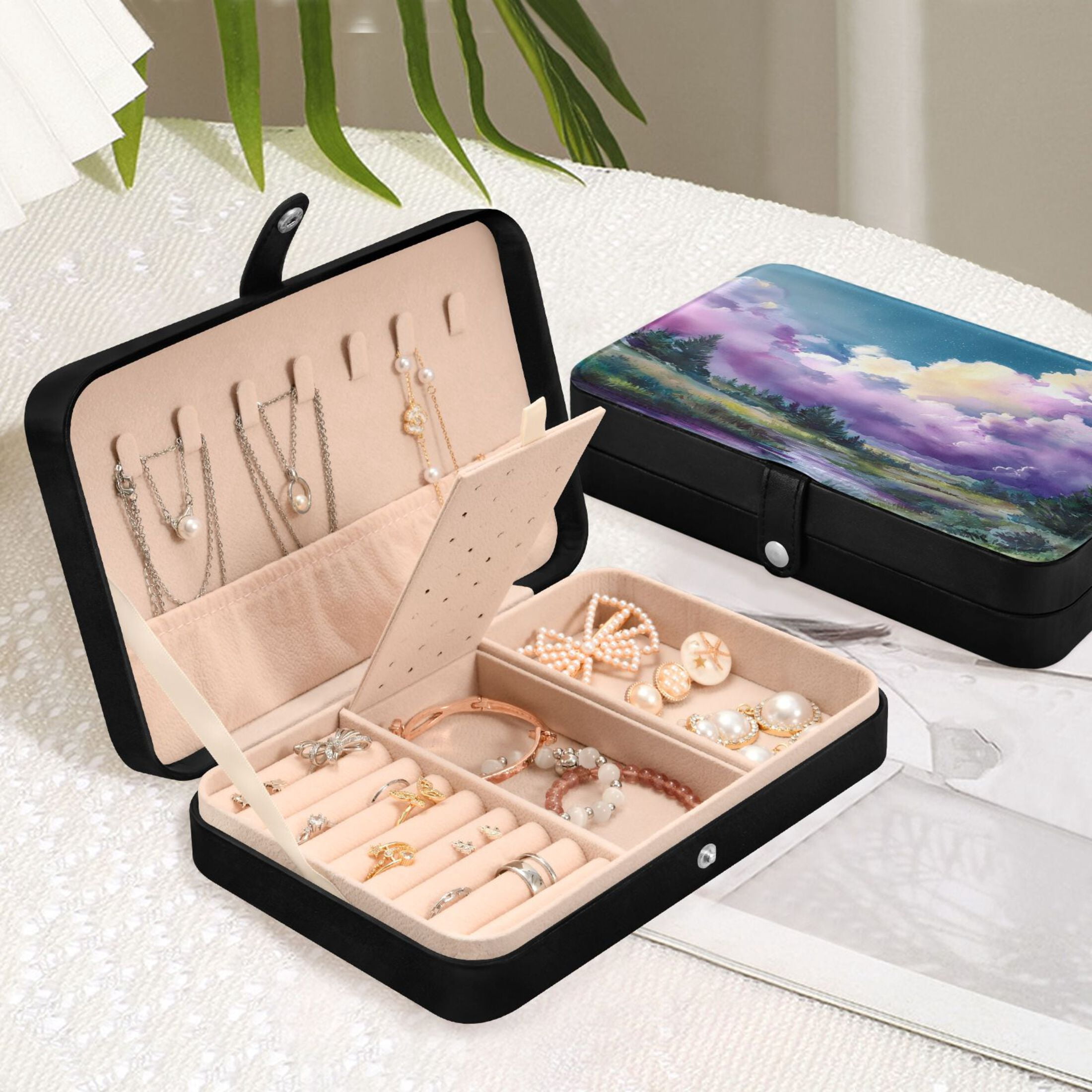 Leather Jewelry Box Rectangular 8.27x5.5x1.78In Travel Jewelry Storage Earrings Necklace Bracelet Watch Brooch Storage Watercolor Cloud