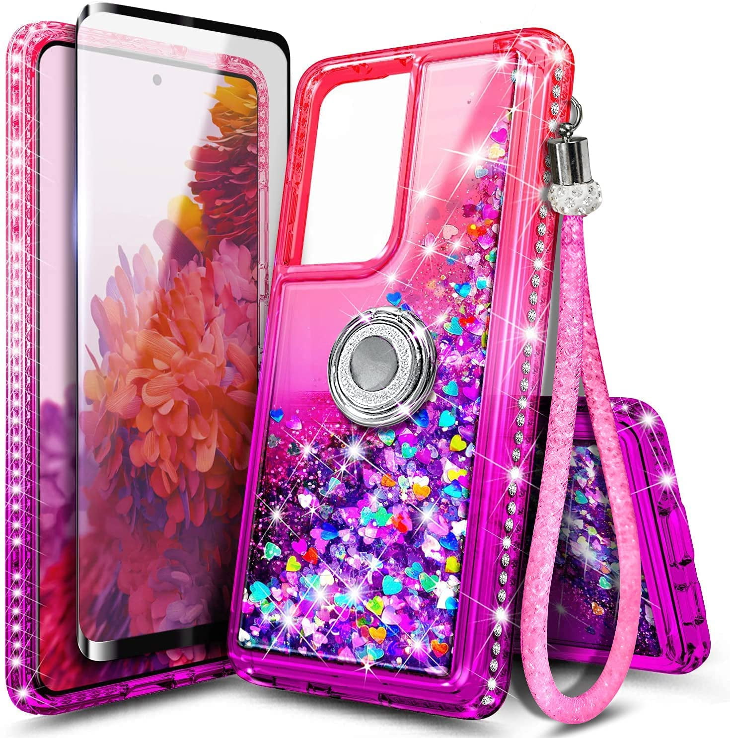 Goocrux (2in1 for Samsung Galaxy S21 Case Cute Women Girls Phone Cover  Design with Slide Camera Cover+Ring Holder Unique Distorted Pink Teen Cases  for