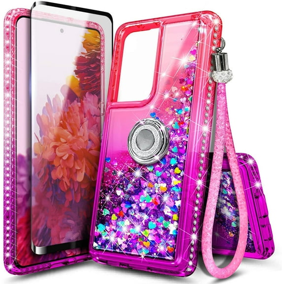 Nagebee Case for Samsung Galaxy S21 Ultra 5G with Screen Protector (Soft Full Coverage), Sparkle Glitter Liquid Bling Diamond [Ring Holder & Wrist Strap] Women Girls Cute Case (Pink/Purple)