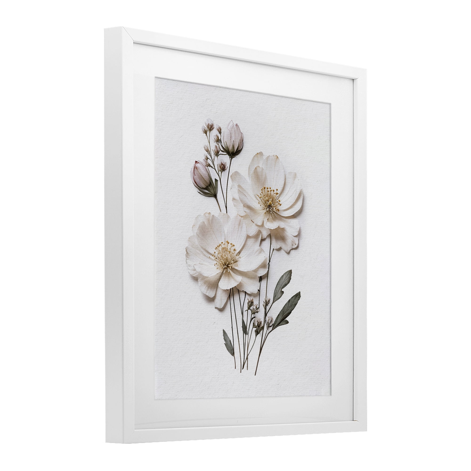Elegant Pressed Flowers White Framed Print Under Glass, design by Lettered and Lined