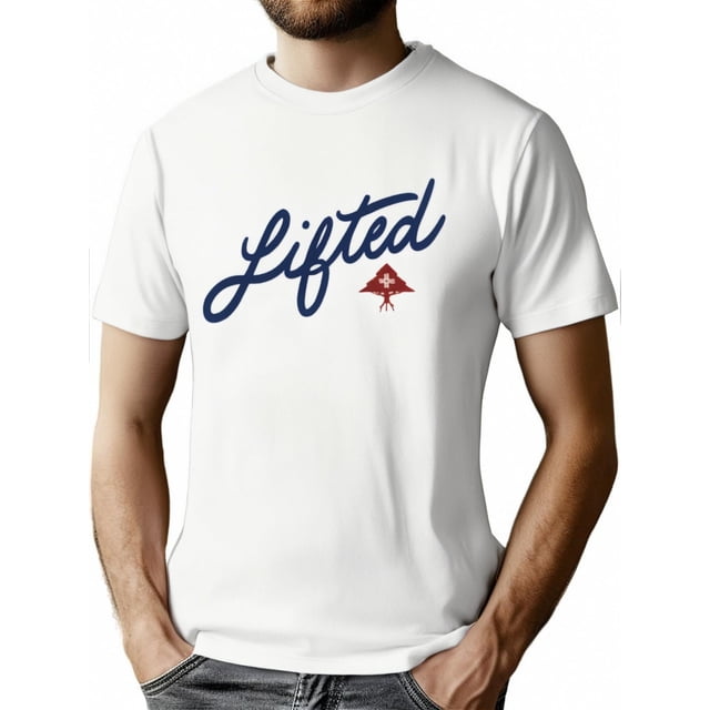 Camiseta de algodón LRG "Lifted" para hombre: diseño informal con texto en ángulo y logotipo de pájaro rojo, manga corta y cuello redondo. Ideal para actividades al aire libre y tiempo libre.