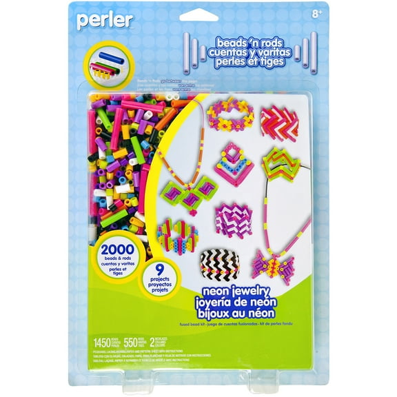 Perler Fun Fusion Fuse Bead & Rod Activity Kit, Neon Jewelry, 2000 Pieces and 1 Pegboard