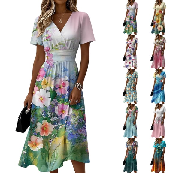 Watercolor Floral Print Dress for Women V Neck Short Sleeve Dress A Line Midi Casual Summer Outfit Flowy Lightweight Party Wear Vacation Boho Chic Blue L