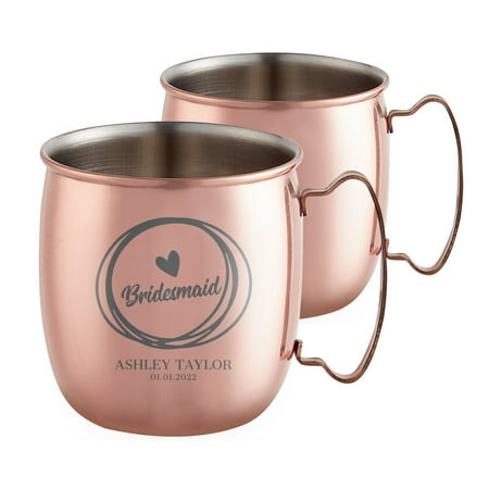 

PERSONALIZED Stylish Bridesmaid Ultimate Gift: Custom Engraved Moscow Mule Mugs with Classic Round Rolled Rim and Sturdy Handle Smooth Copper Finish 16 oz Hand Drawn Set of 2