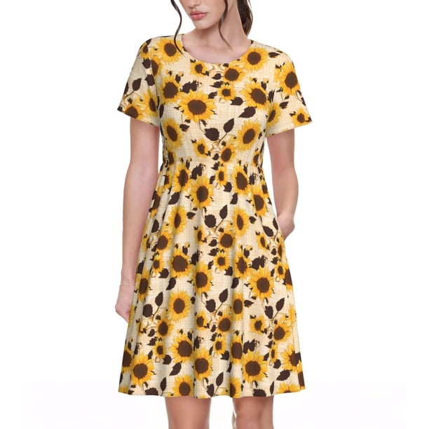 Balery Vintage Plaid Cute Sunflower Vestidos sueltos de manga corta para mujer, vestidos de verano 2025, vestidos casuales de corte A con vuelo.