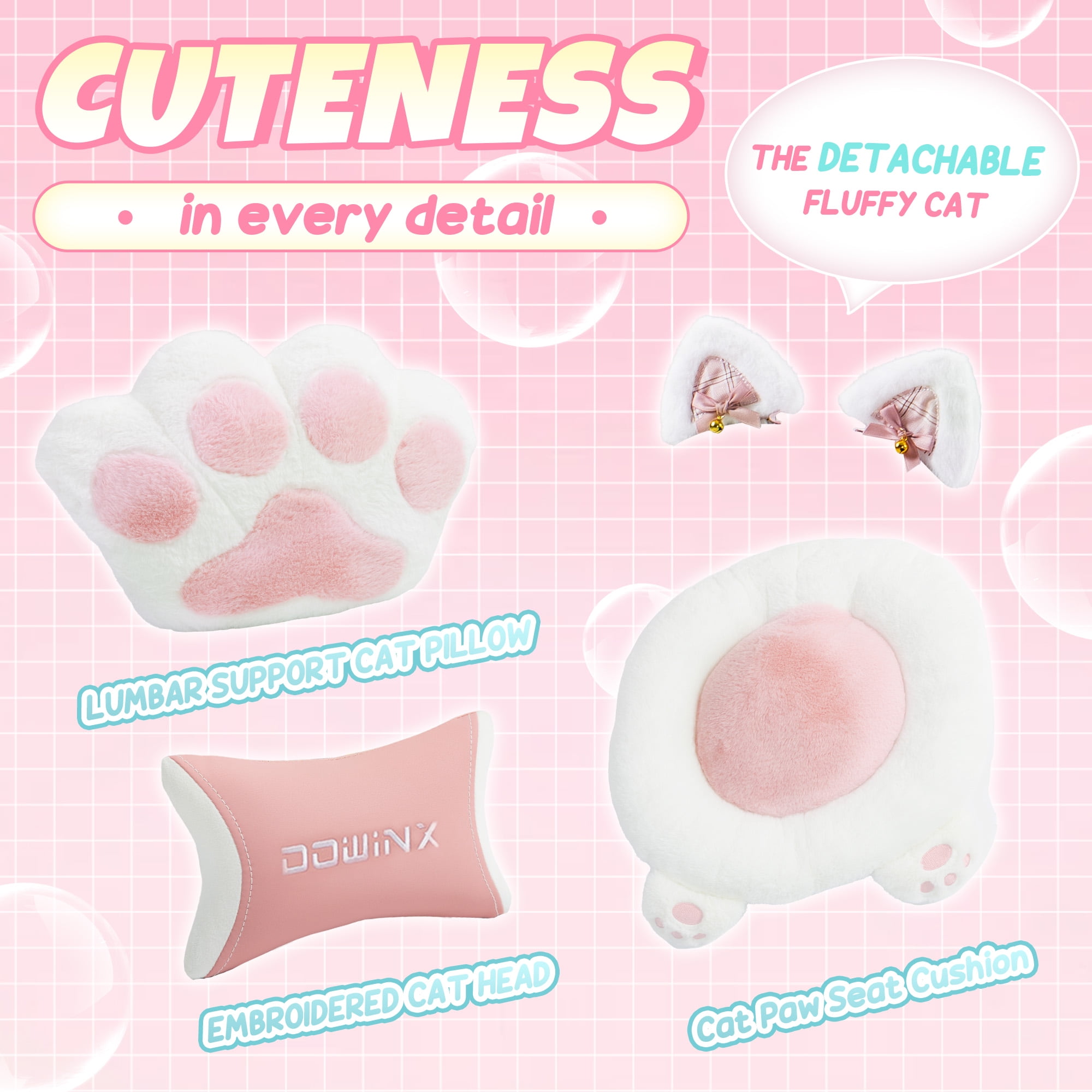GOOSEA Cute Cat Ear Gaming Chair with Paw Print Lumbar Support and Cushion, Ergonomic Computer Desk Chair with Footrest, Reclining PC Game Chair for Girls and Women, 300lbs, Pink and White