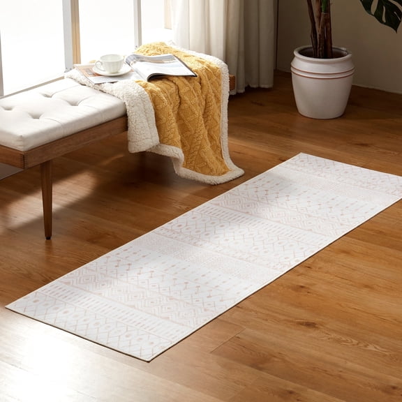 Sonive 2'x6' Runner Rug, Machine Washable, Non-Slip, Water-Resistant, Low Pile, Beige Boho Carpet for Hallway, Kitchen, Entry