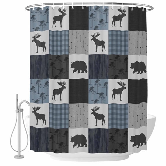 Abstract Vintage Plaid Bathroom Shower Curtains with Hooks, Black Elk Bear Forest Farm Waterproof Fabric Washable Shower Curtain for Home Hotel Bathtub Decor 60x72 Inch