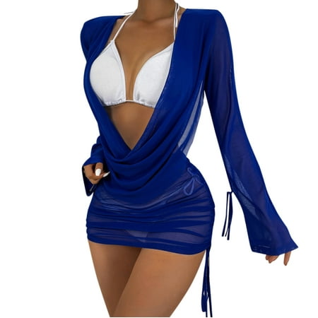 Rovga Cover Ups Women Long Sleeve Ladies Bikini Draped Front Drawstring Knot Backless Mesh Cover Up Without Lingerie Mini Dress Beach Wrap Bikini Shiny Wraps Cover Ups Xl Blue