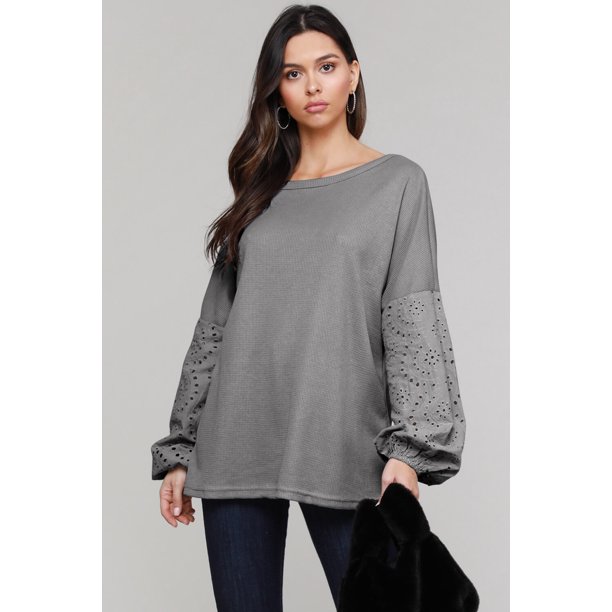 ABPHQTO Top de manga hinchada informal gris suelto para mujer