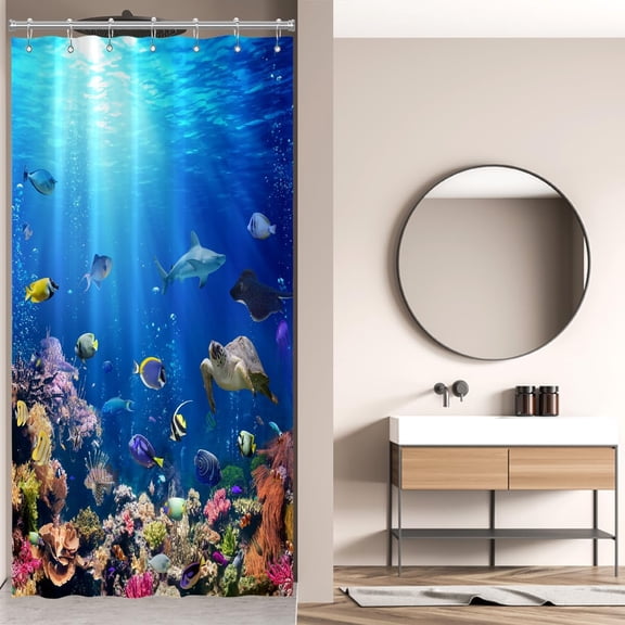 Ocean Underwater World Shower Curtain Colorful Tropical Fishes Turtle Coral in The Deep Sea Home Décor Waterproof Fabric 72Lx36W Inch Blue Plastic Hooks