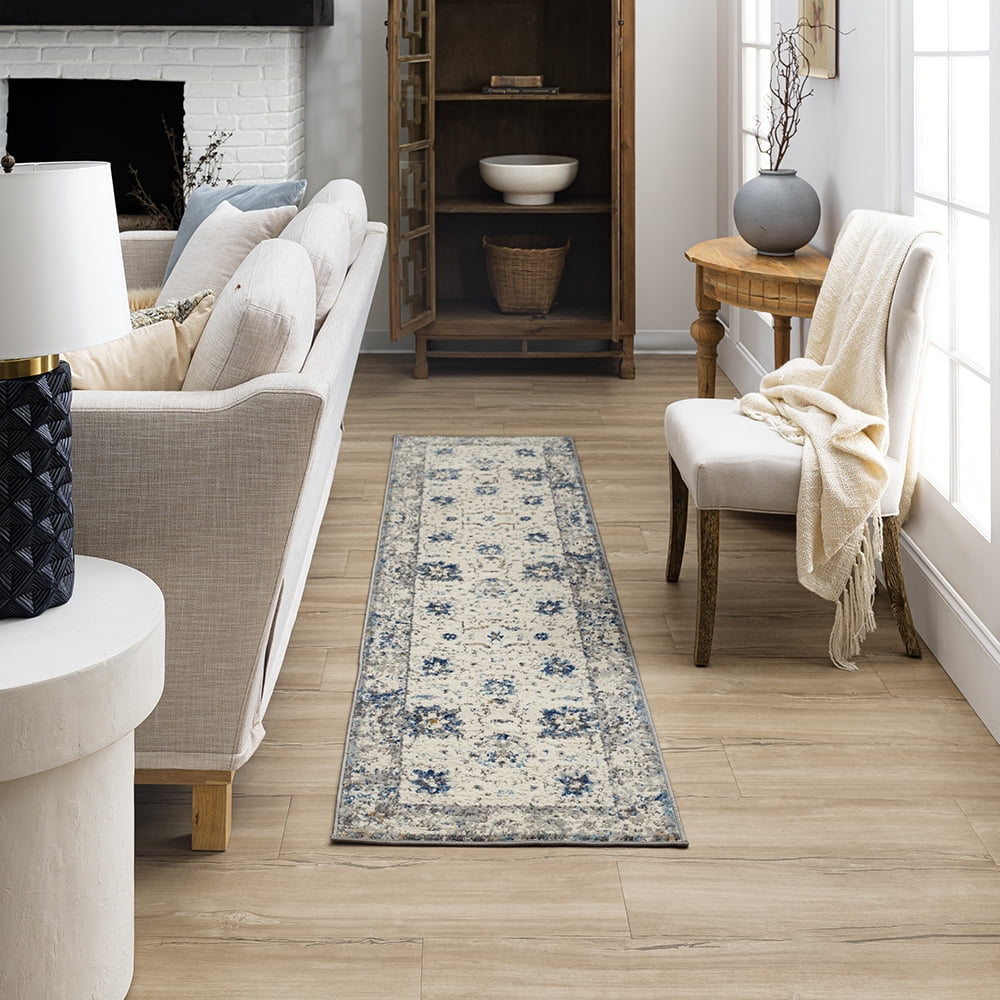 Mohawk Home Fenton Washable Low Pile Stain and Fade Resistant Indoor Runner Rug, Grey/Dark Blue, 2' X 10'