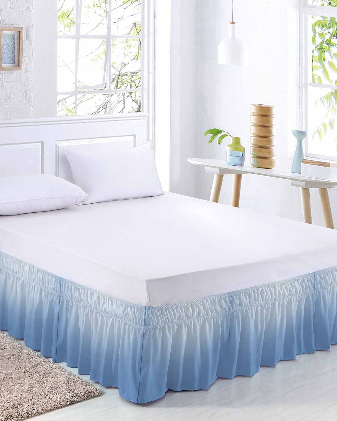 Blue Ombre Wrap Around Bed Skirts for Queen Bed 18" Drop, Bed Skirt with Adjustable Elastic Belt Dust Ruffle Bed Valance for Bedroom Hotel Luxury Modern Minimalist Gradient Aesthetic Bed Frame Cover
