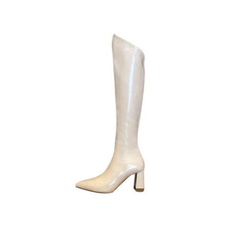 

Fangasis Ladies Bike Boot Pointy Toe Riding Boots High-Heel Knee High Bootie Walking Work Long Booties Fashion Block Winter Shoes White 5