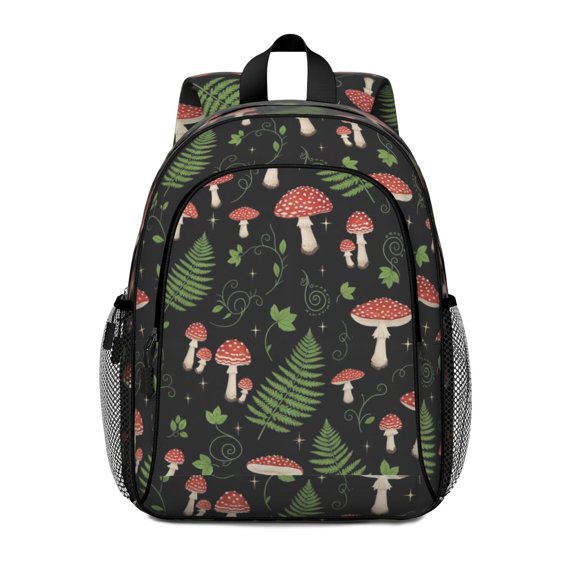 Mushroom and Fern Black Pattern Backpack for School, Cute School Bag with Adjustable Shoulder Straps and Padded Back, 15"x11.42"x5.5"
