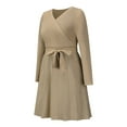 thumbnail image 5 of hirigin Women Fashion Wild Sweater Dress Solid Color V-Neck Long Sleeve A-line Dress Autumn Winter Knitted Pleated Dress with Belt, 5 of 9