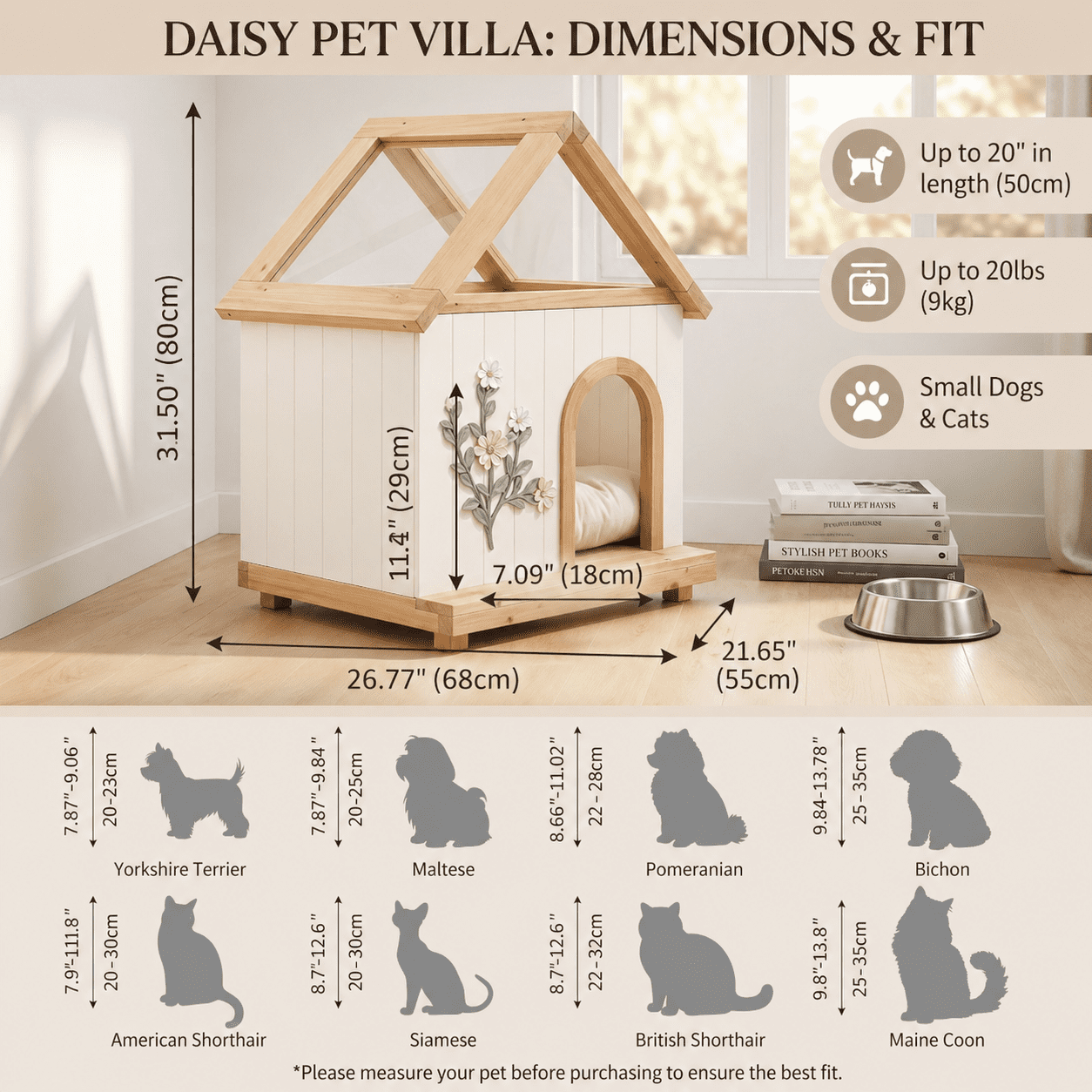 Premium Natural Cedar Pet House – Acrylic Sunroof, Floral Carved Cat Furniture, Luxury Indoor/Semi-Outdoor Dog Shelter for Small Dogs & Cats