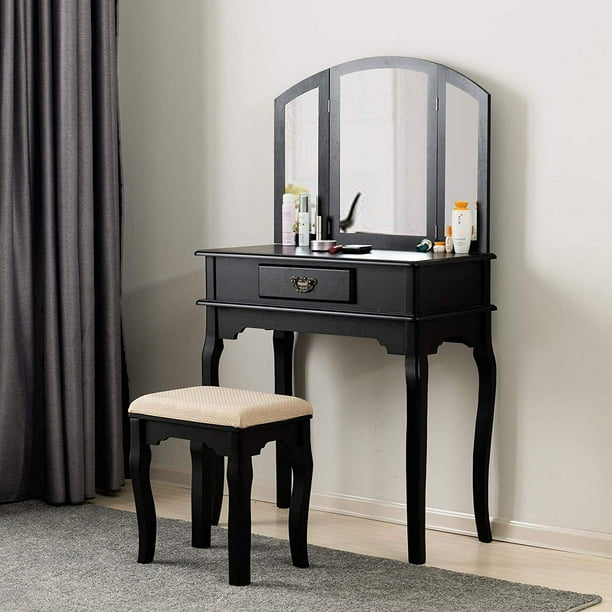 Mecor Vanity Table Set With Stool Wood, Black Vanity Sets For Bedrooms