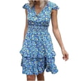 thumbnail image 1 of Robe Boho pour Femmes Col en V O-Ring Imprimé Floral Volant Mini Robe Taille Smockée Été Ligne A Swing Plage Robe d'Été, 1 of 7