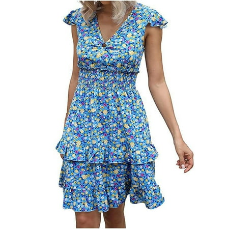 

Formal Dresses for Women Wedding Dress Fashion Women Summer Casual V-Neck Froral Print Ruffle Sleeve Mini Dress on Clearance Summer Dresses for Women 2022 Summer Dresses for Women Blue XL
