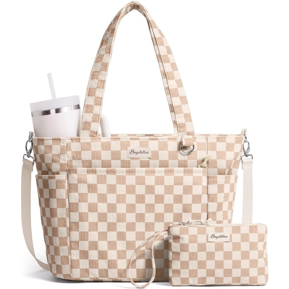 Corduroy Tote Bag for Women, Large Work Laptop Tote Purse with 11 Pockets, Top-Zip Ladies Bag, Casual Shoulder Handbag for Office School Travel Gym College, Checked Brown White