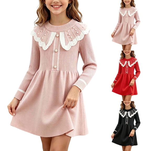 Antinious Girls Long Sleeve Round Neck Solid Knit Beaded Holiday Princess Dress