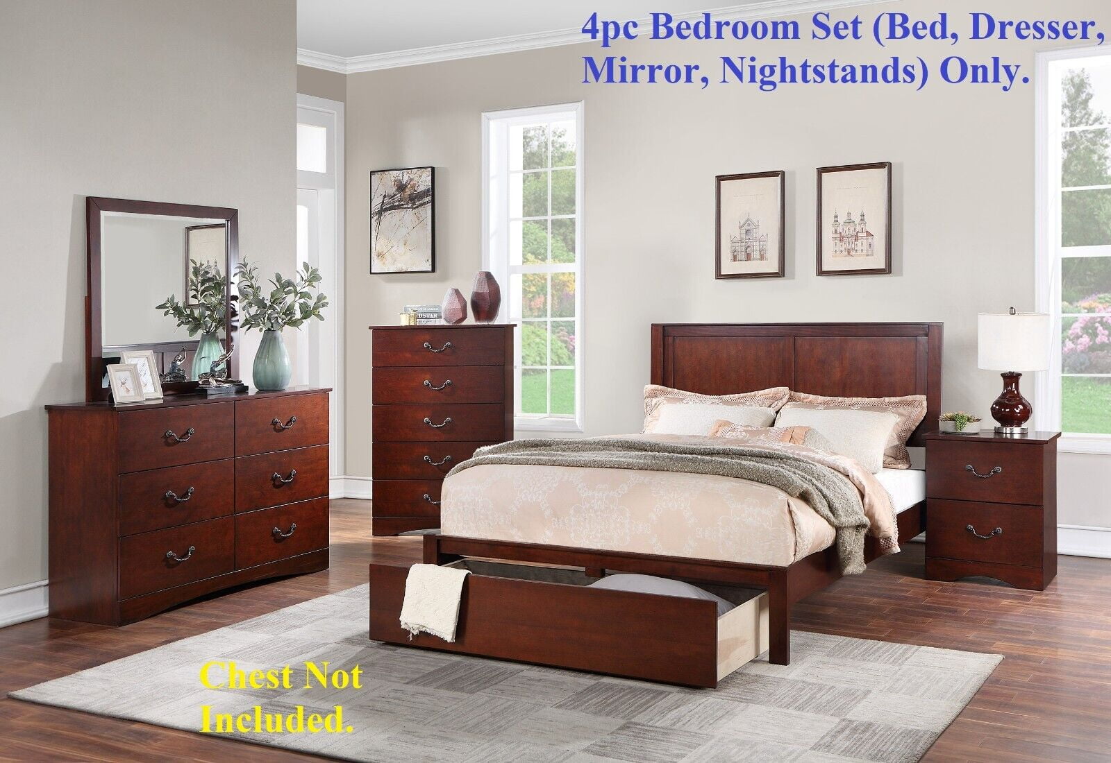 Modern 4pc California King Size Bed w Underbed Drawer Dresser