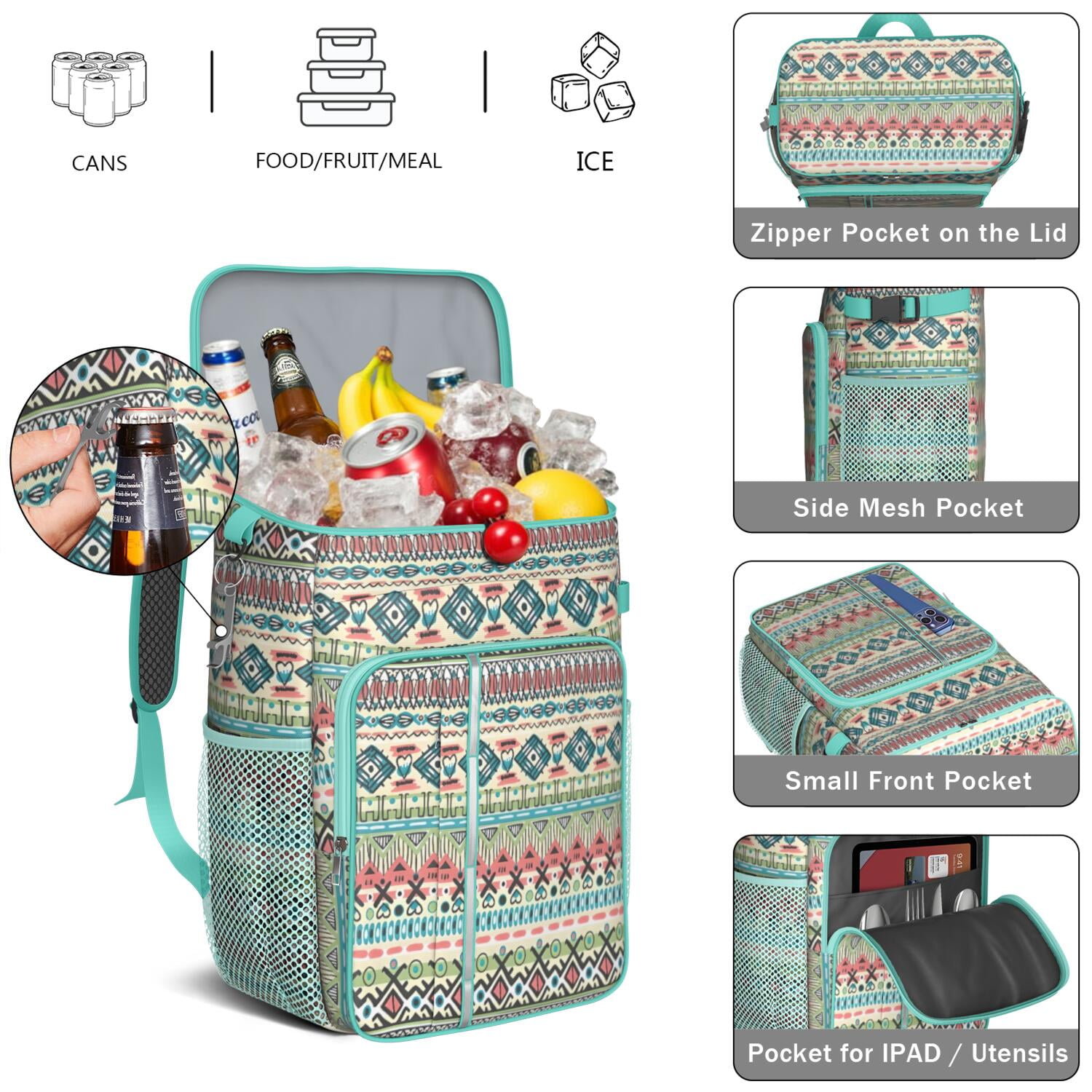 Travel Cooler Bag - Boho Bohemia Pioneer Flower Geometric Line Art Camping Beer Cooler Backpack with Bottle Opener- Waterproof Insulated Picnic Backpacks - Cooler Bag for Beach