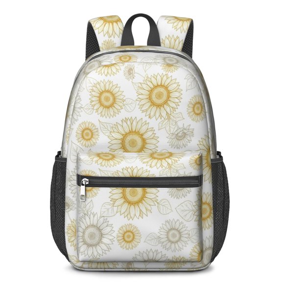 Sunflower White Pattern 17" Waterproof Oxford School Backpacks for Teens, S-Shape Padded Straps, for School, Travel, Hiking, Camping