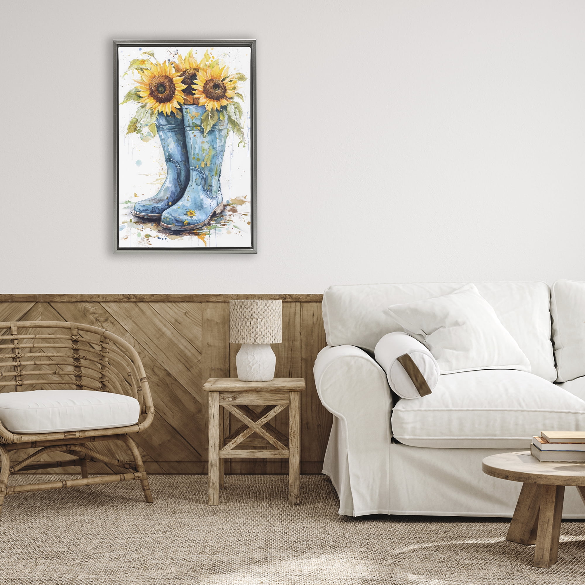 Stupell Industries Blue Rain Boots & Sunflowers Gray Framed Floater Canvas Wall Art, design by Tina LeCour